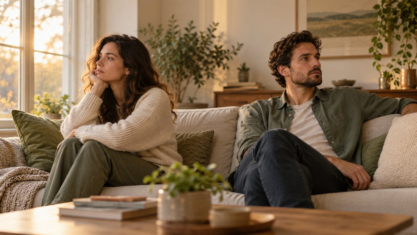 A couple reflecting separately on changes in how they feel about their relationship